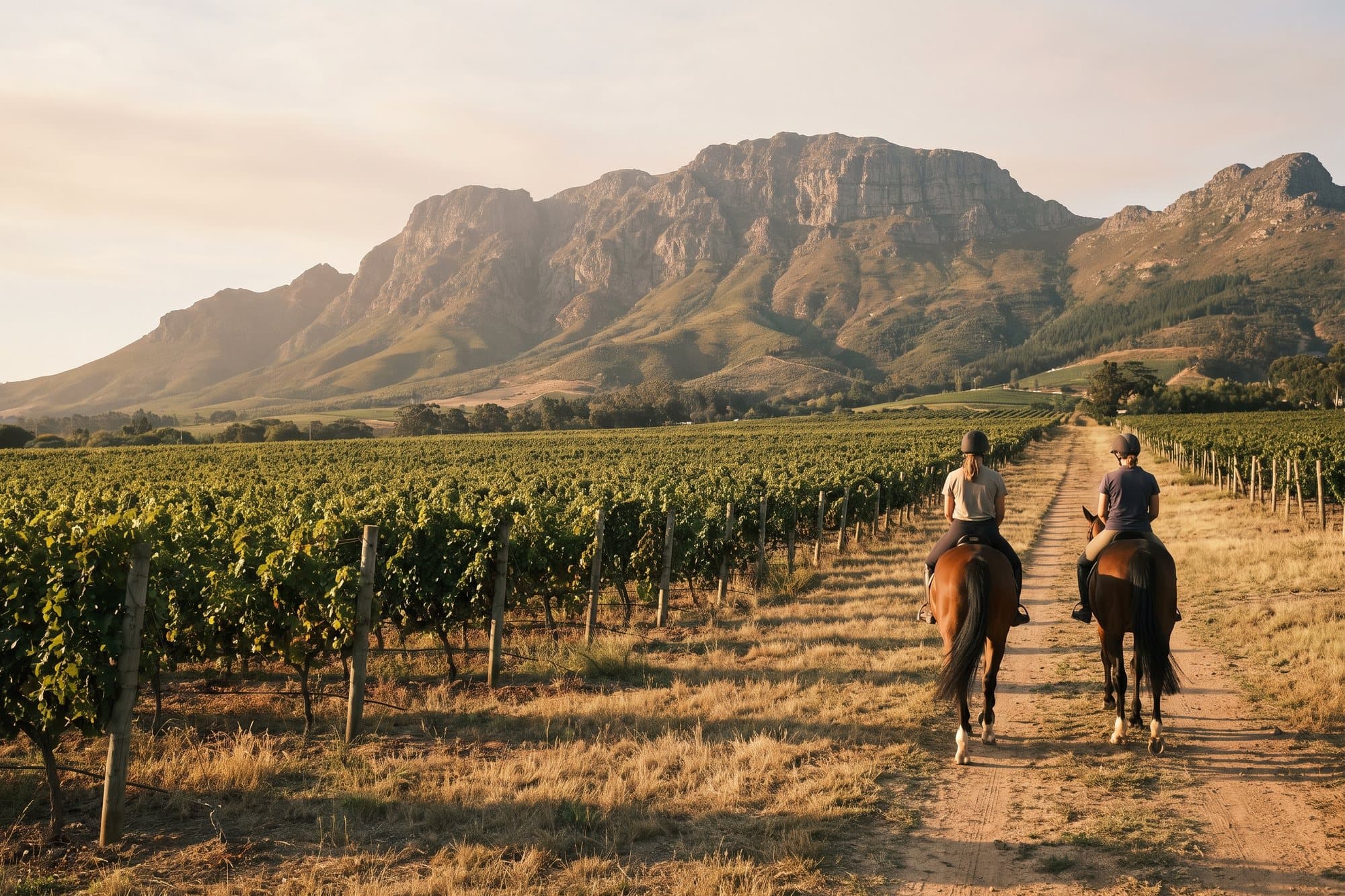 Two riders on a bridle path beside a vineyard