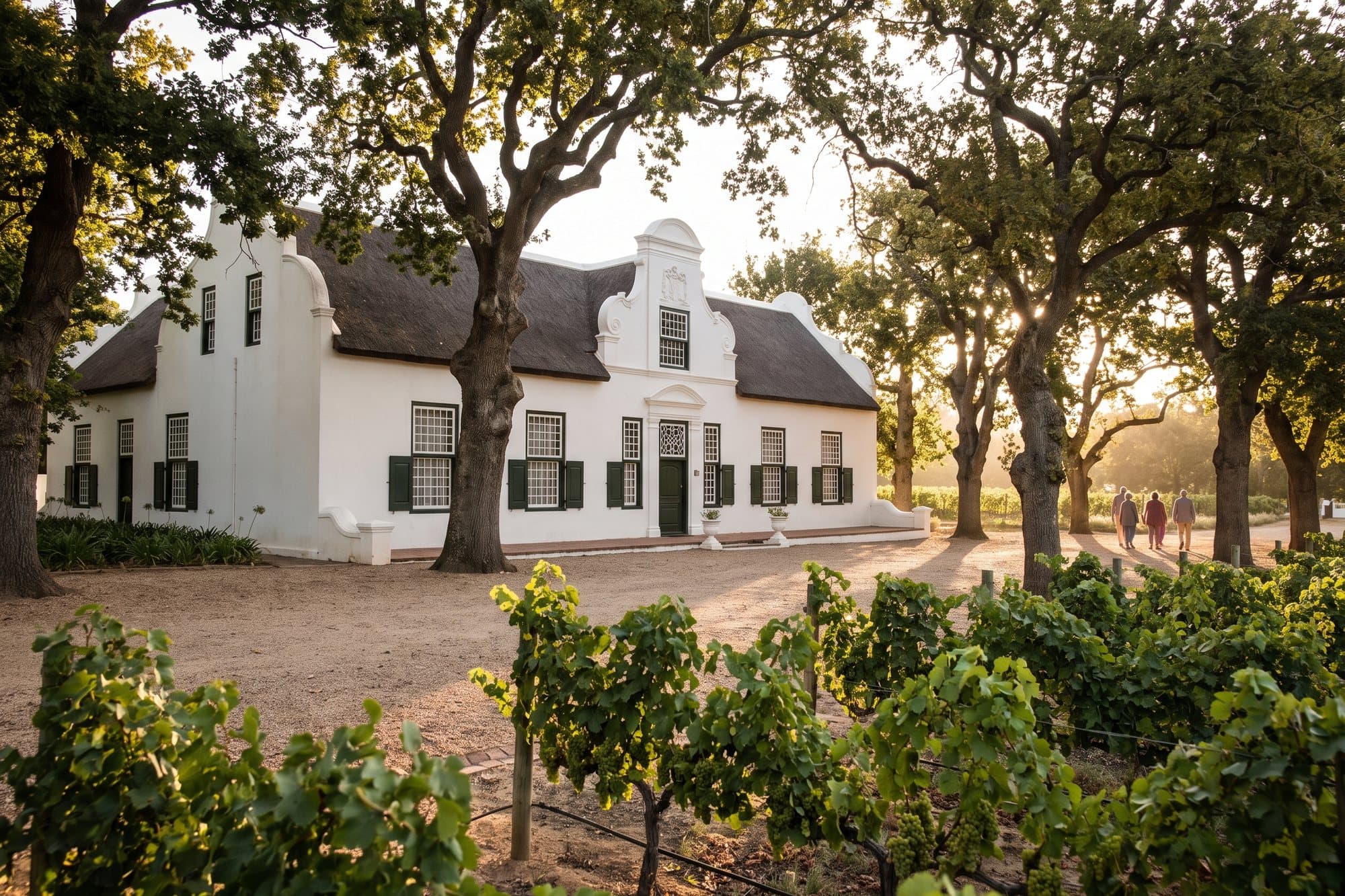 A Cape Dutch manor house with a thatched roof and oaks