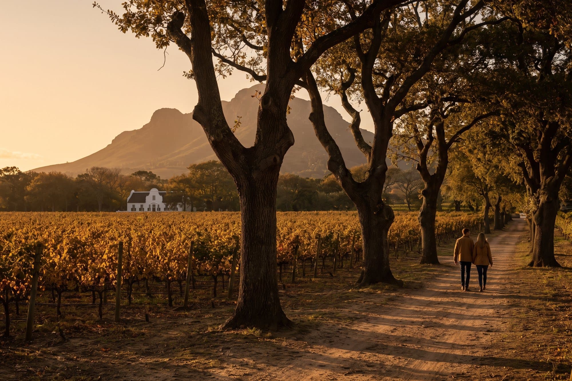 Rows of vines on a Constantia wine farm with the Constantiaberg behind