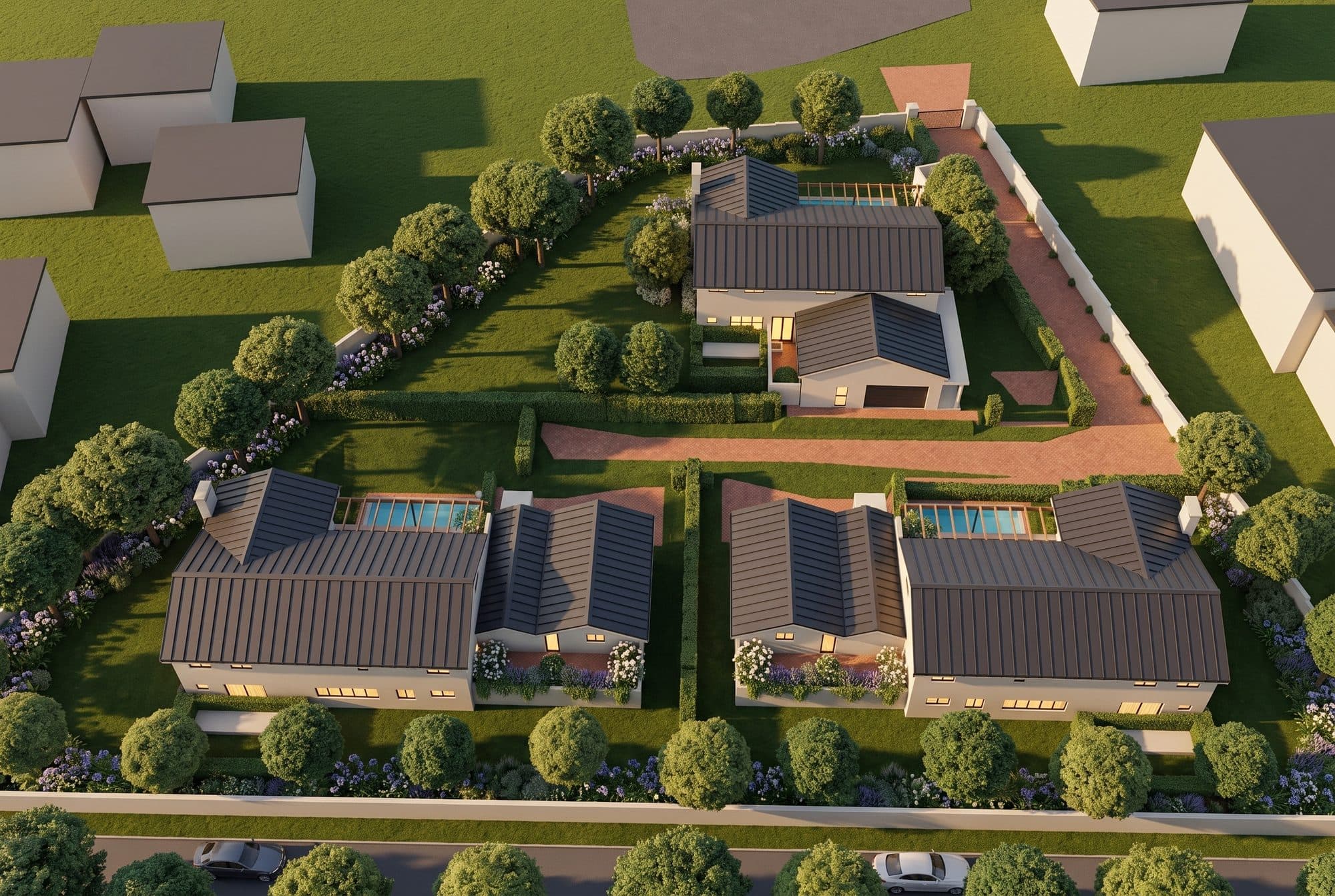 Aerial view of the three houses from above Spaanschemat River Road, with Sohland Avenue at the top